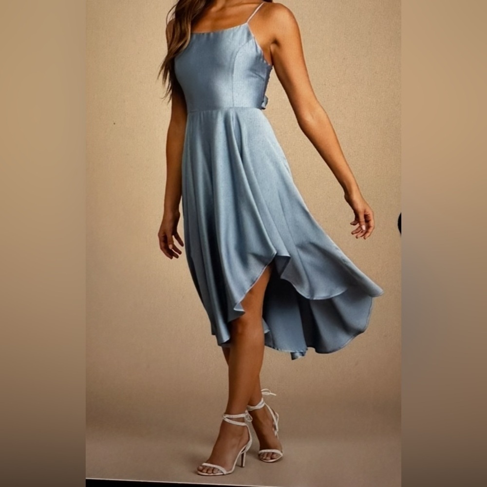 Days Like Today Blue Satin Asymmetrical Tie Back MIDI Dress. - Picture 2 of 6